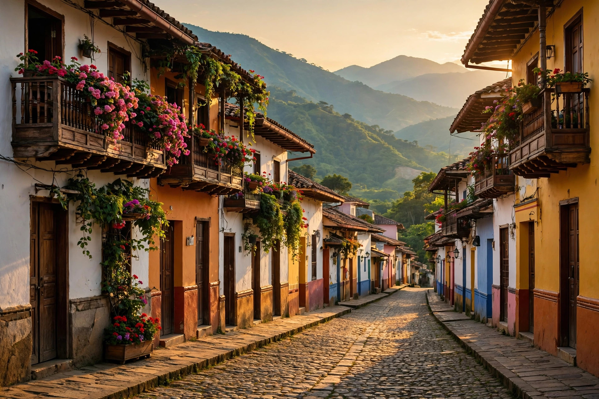 Calle colonial de balcones floridos