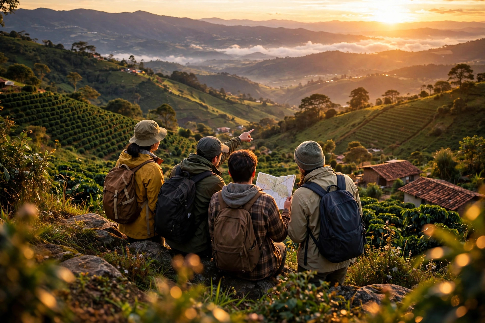 Viajeros planeando su ruta frente a las montañas cafeteras al atardecer