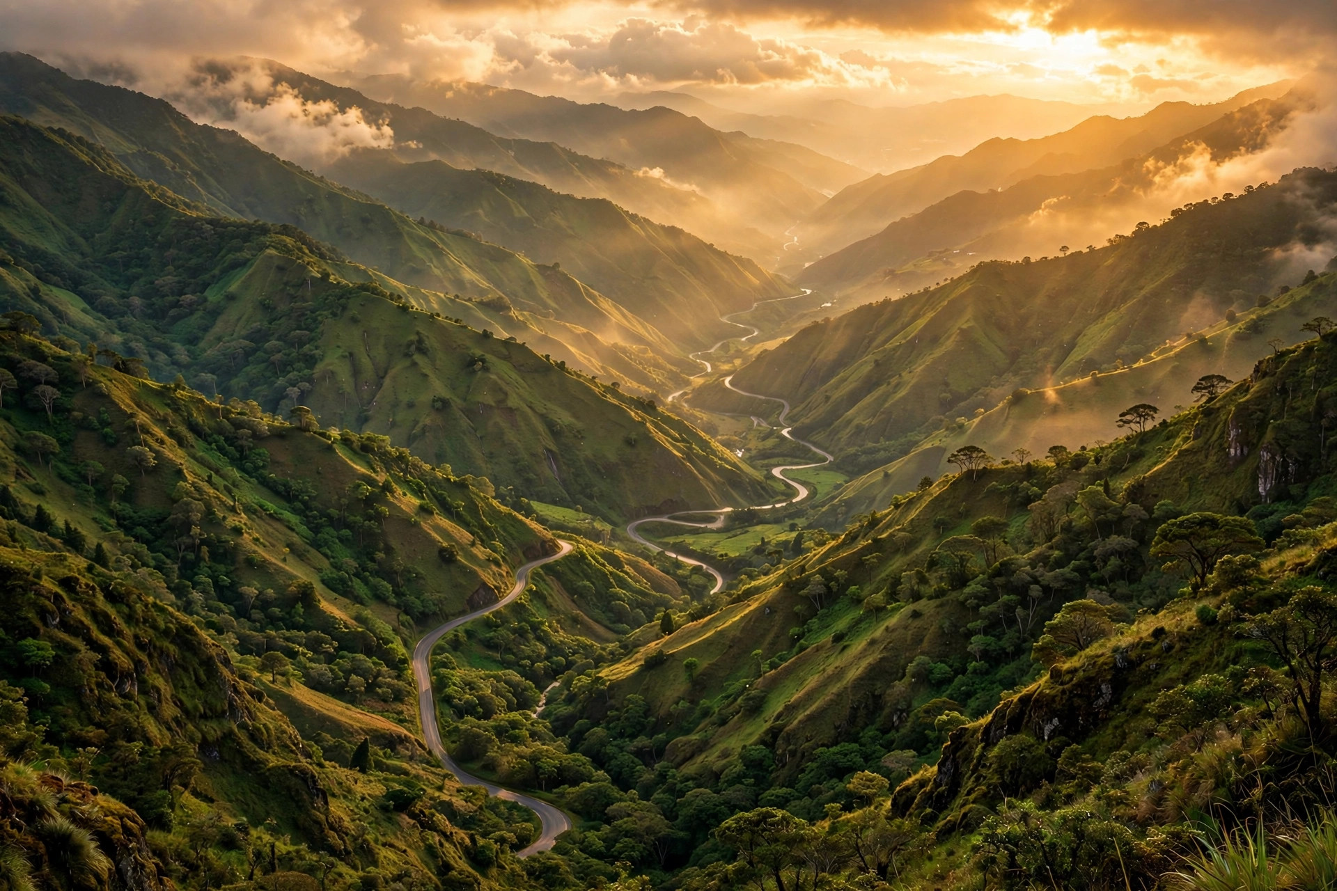Valle de montañas verdes de Colombia a la luz dorada del atardecer