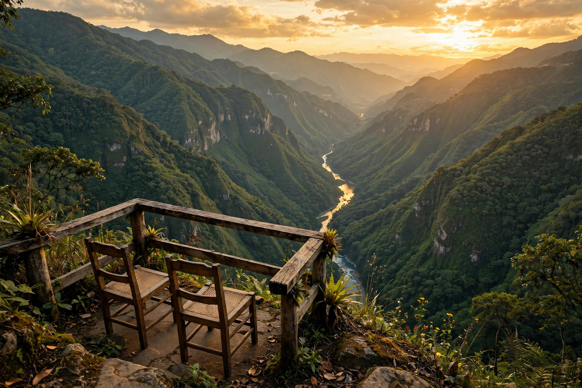 Mirador sobre un cañón verde de Colombia al atardecer